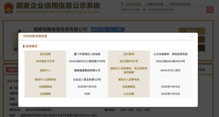 福建福晟集團(tuán)所持錢(qián)隆榕晟投資3044.61萬(wàn)元股權(quán)遭凍結(jié)
